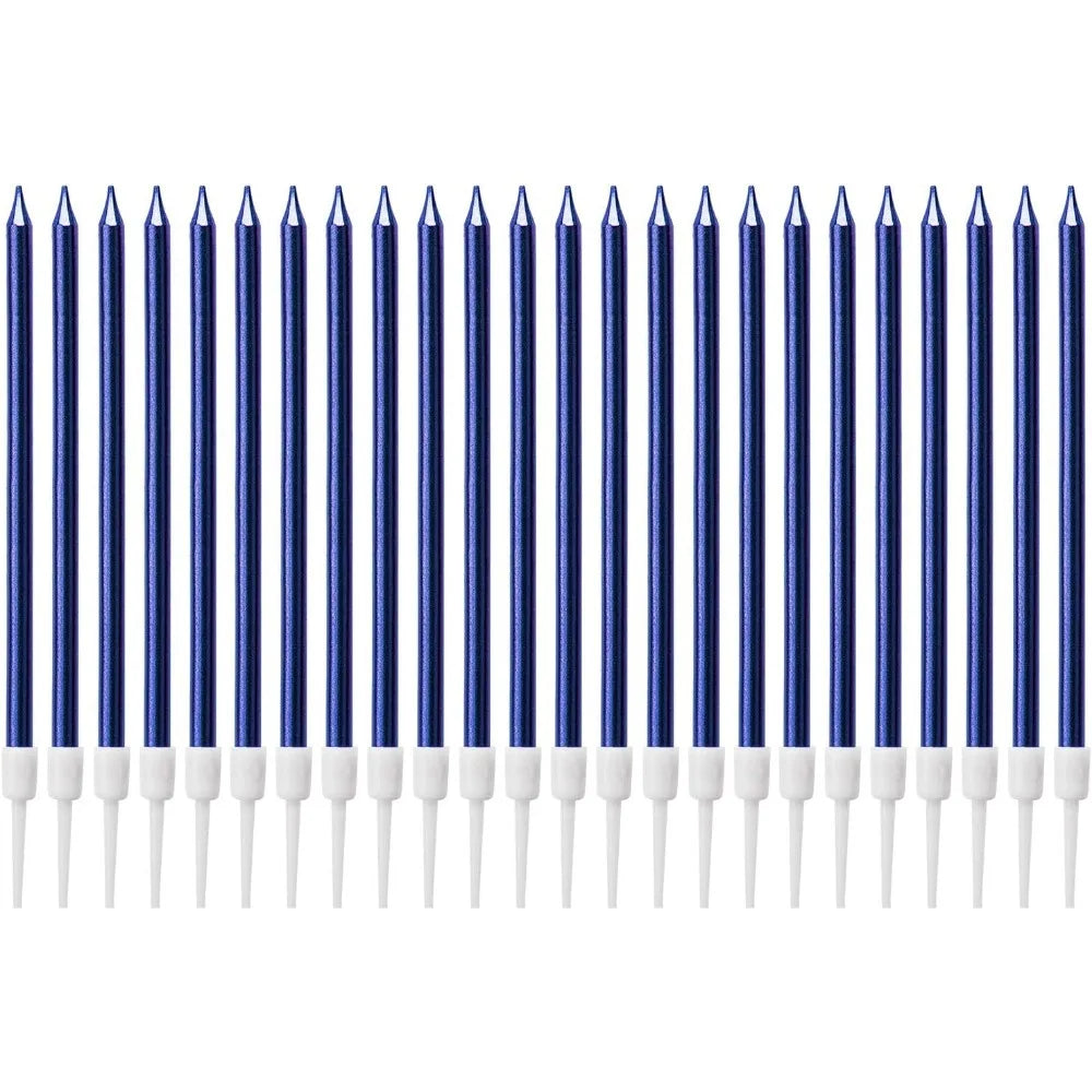 A row of blue and white birthday candles.