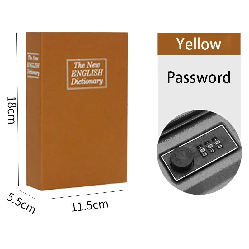A brown book-shaped hidden safe with a yellow password lock.