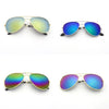 Pair of classic pilot sunglasses with mirror lenses shown in three different color finishes.