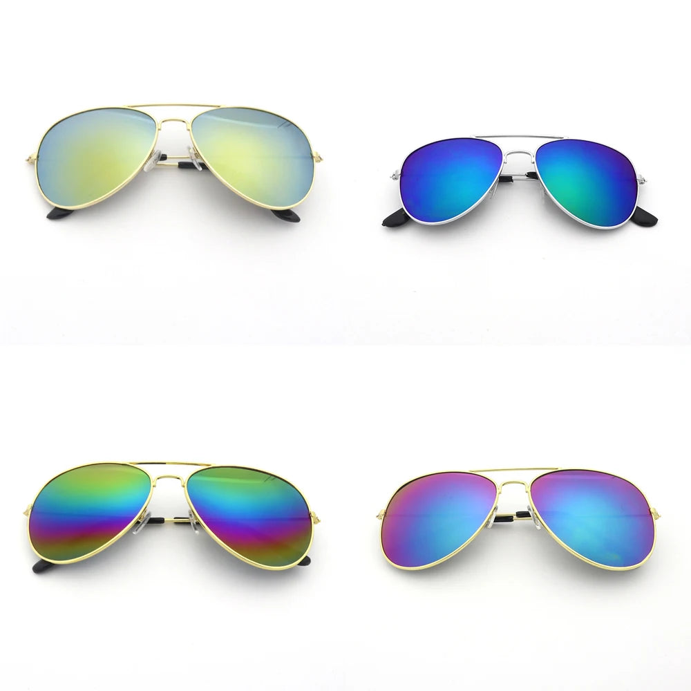 Pair of classic pilot sunglasses with mirror lenses shown in three different color finishes.