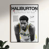 A black and white canvas wall art poster featuring a portrait of a basketball player with the name Haliburton and various sta