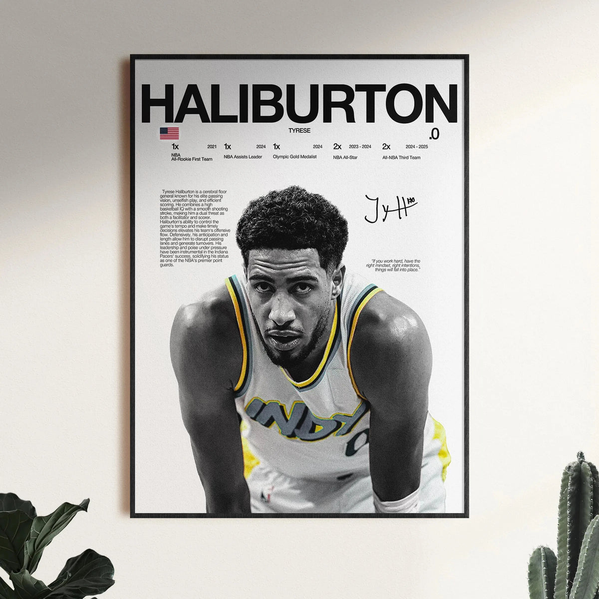 A black and white canvas wall art poster featuring a portrait of a basketball player with the name Haliburton and various sta