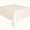 A white disposable tablecloth draped over a table.