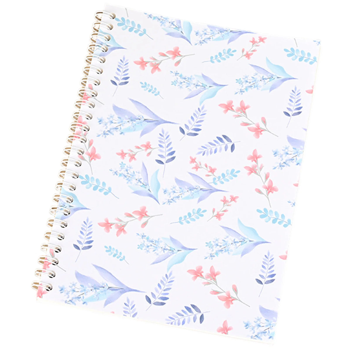 A spiral-bound reusable sticker collecting album with a white cover featuring watercolor floral illustrations in pink, blue, 