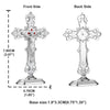 Front and back views of a silver metal crucifix desk cross with a self-adhesive base