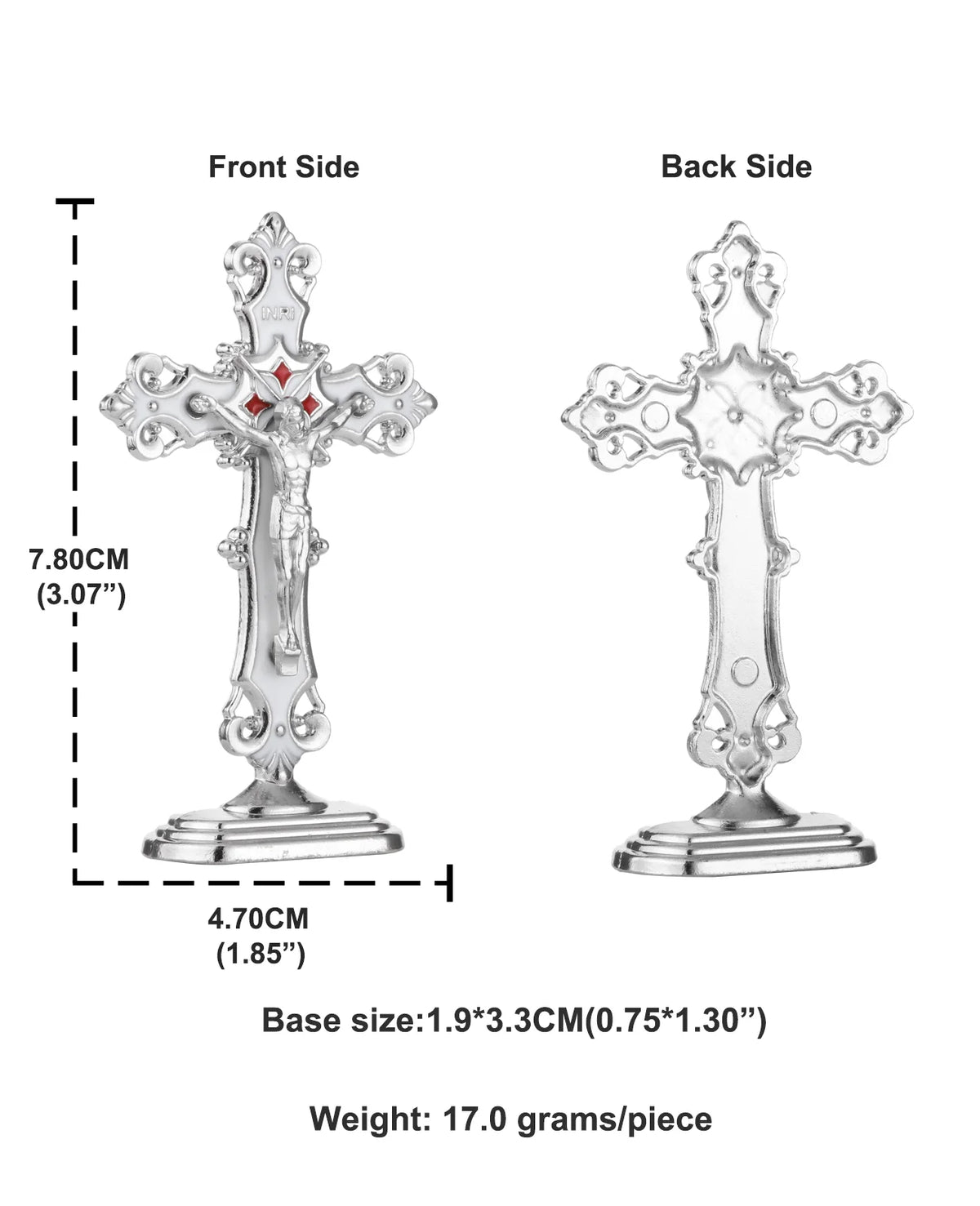 Front and back views of a silver metal crucifix desk cross with a self-adhesive base