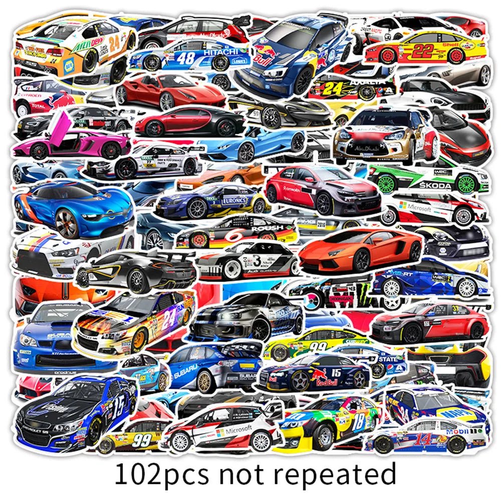 A collection of 102 unique retro car decals featuring various sports cars and vehicles.