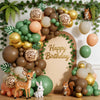 A balloon garland featuring safari animals and jungle greenery, including a deer, rabbit, and squirrel.