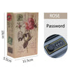 A box labeled ROSE with a password and a close-up of a combination lock keypad.