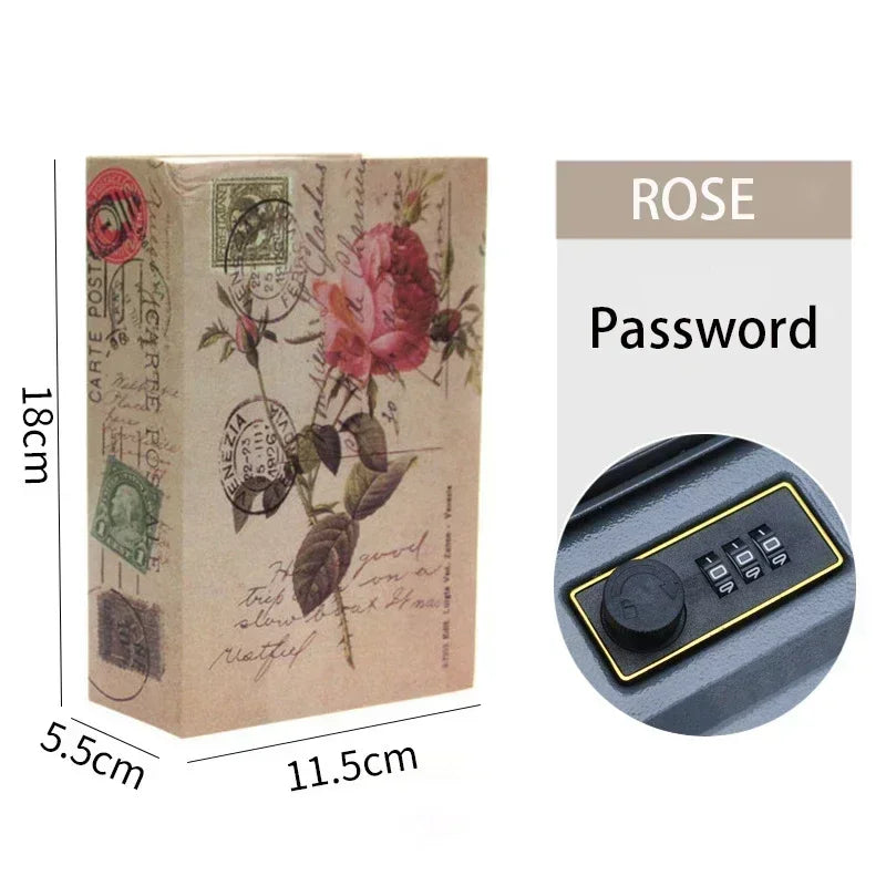 A box labeled ROSE with a password and a close-up of a combination lock keypad.