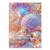 Close-up of a diamond painting featuring iridescent pink and purple seashells and sea elements.