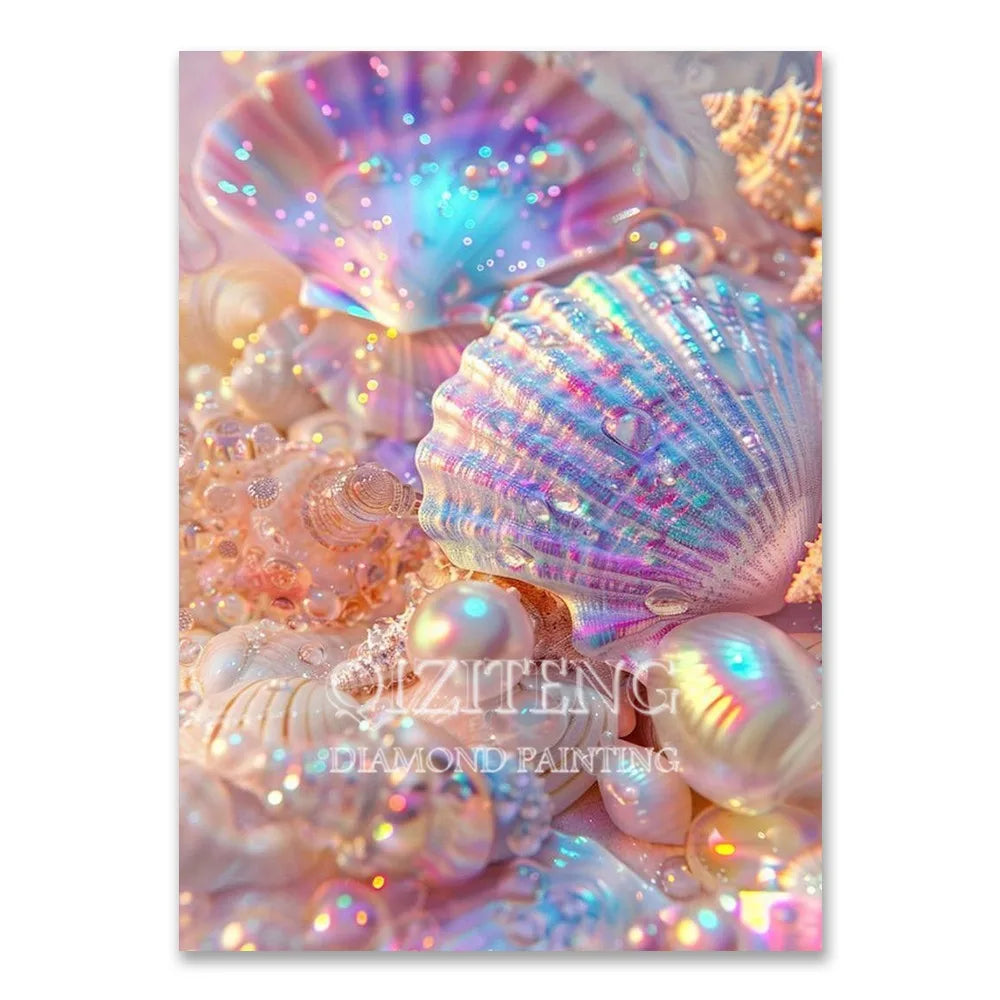 Close-up of a diamond painting featuring iridescent pink and purple seashells and sea elements.