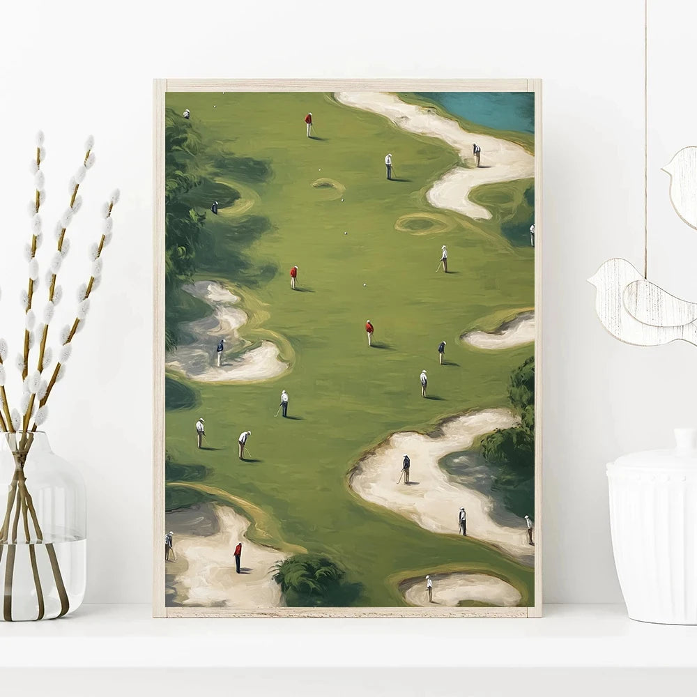 Vintage green minimalist golfers canvas wall art featuring a scenic golf course landscape.