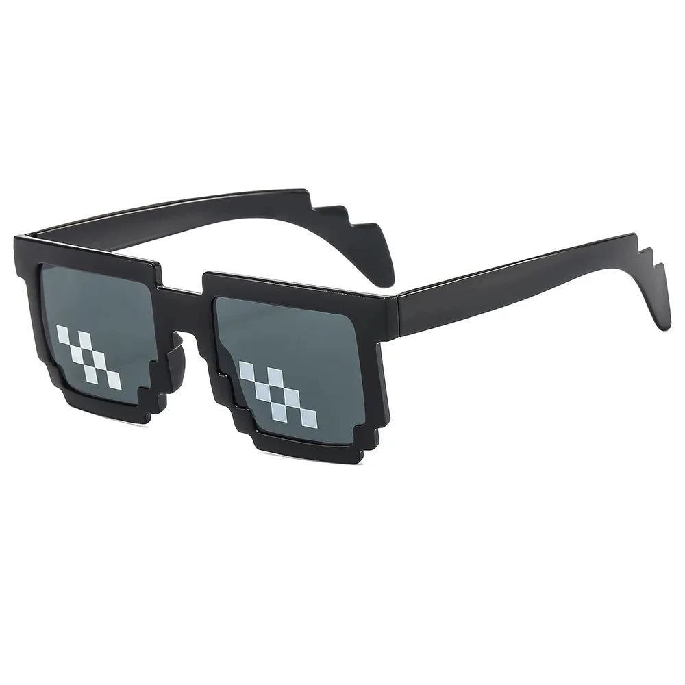 Black pixel mosaic sunglasses with a retro digital style and UV400 protection