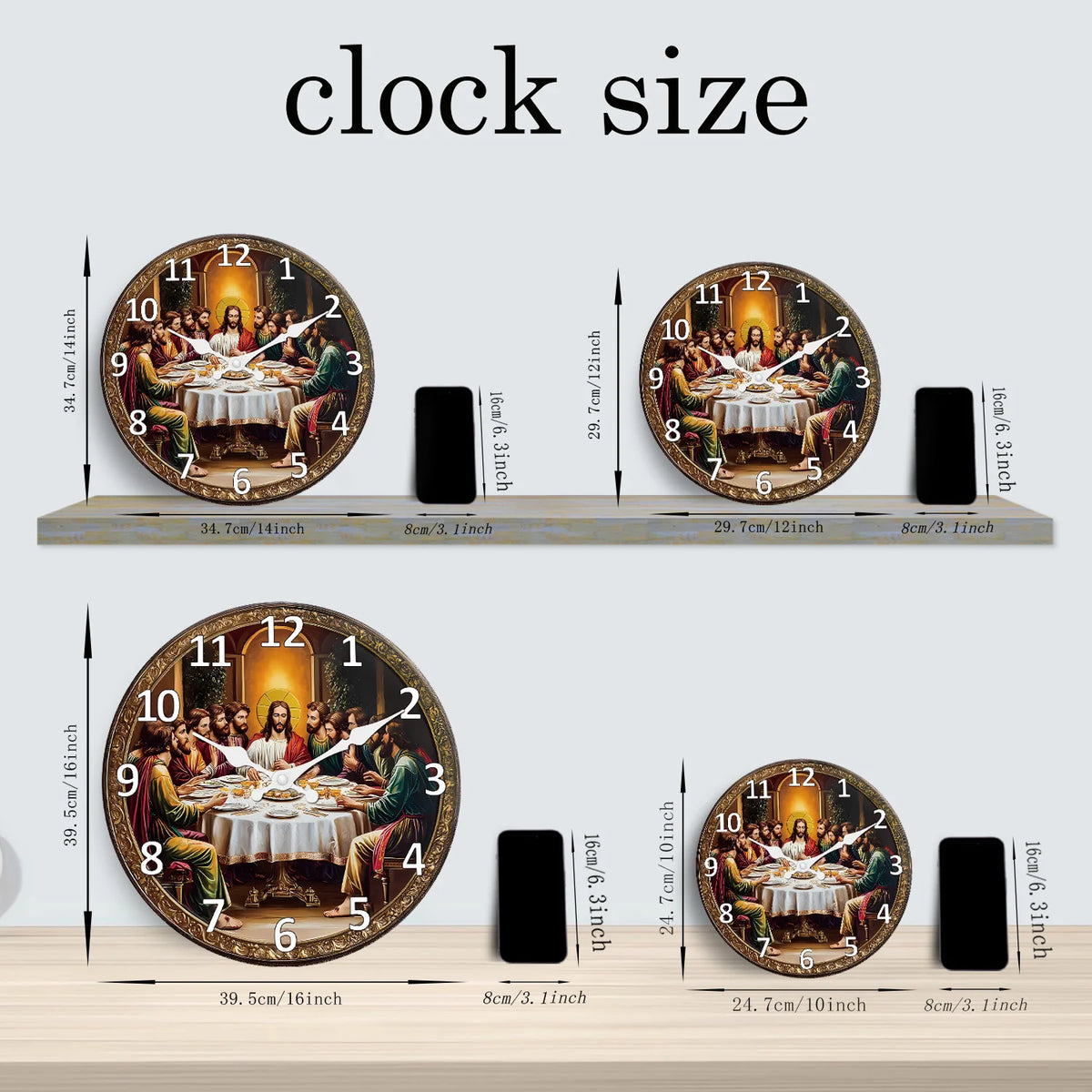 A set of vintage last supper wooden wall clocks showing a scene of the Last Supper on a circular wooden background.