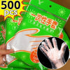 A package of 500 disposable plastic gloves for kitchen and food preparation, showing a hand in the clear packaging.