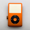 An orange iPod Classic front faceplate with a blank screen and clickwheel replacement kit.