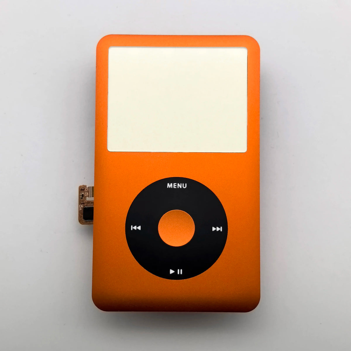 An orange iPod Classic front faceplate with a blank screen and clickwheel replacement kit.