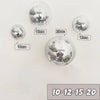 A collection of silver disco balls of various sizes, including 10cm, 12cm, 15cm, and 20cm, displayed against a white backgrou