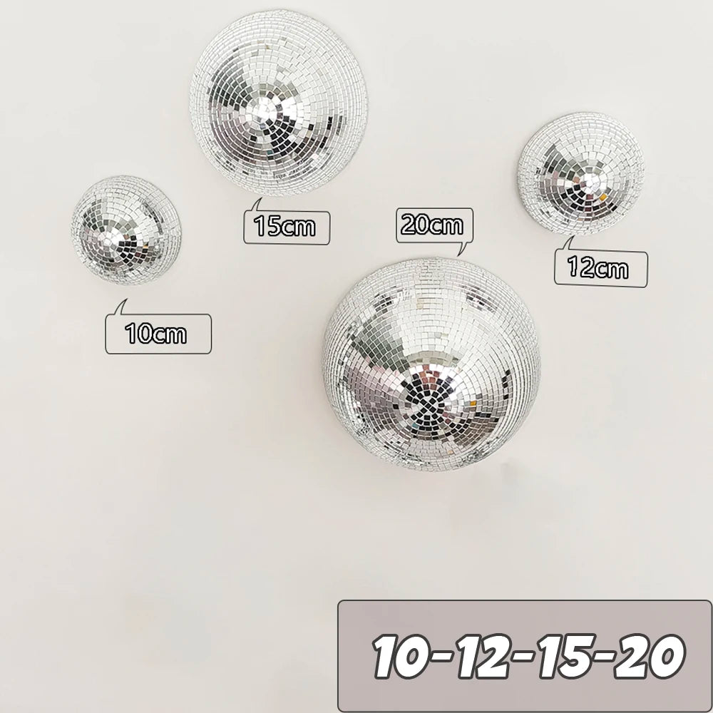 A collection of silver disco balls of various sizes, including 10cm, 12cm, 15cm, and 20cm, displayed against a white backgrou