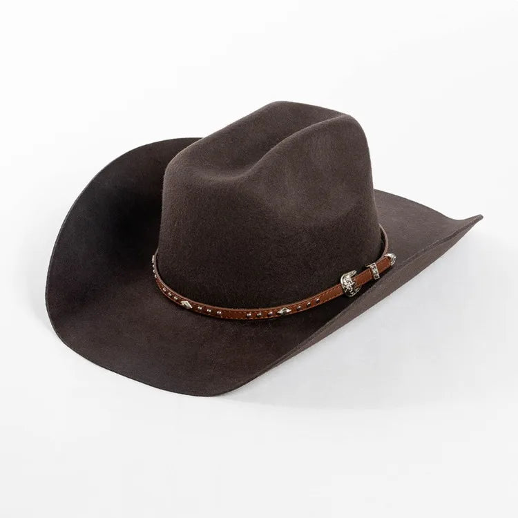 A dark brown wool cowboy hat with a studded leather band.
