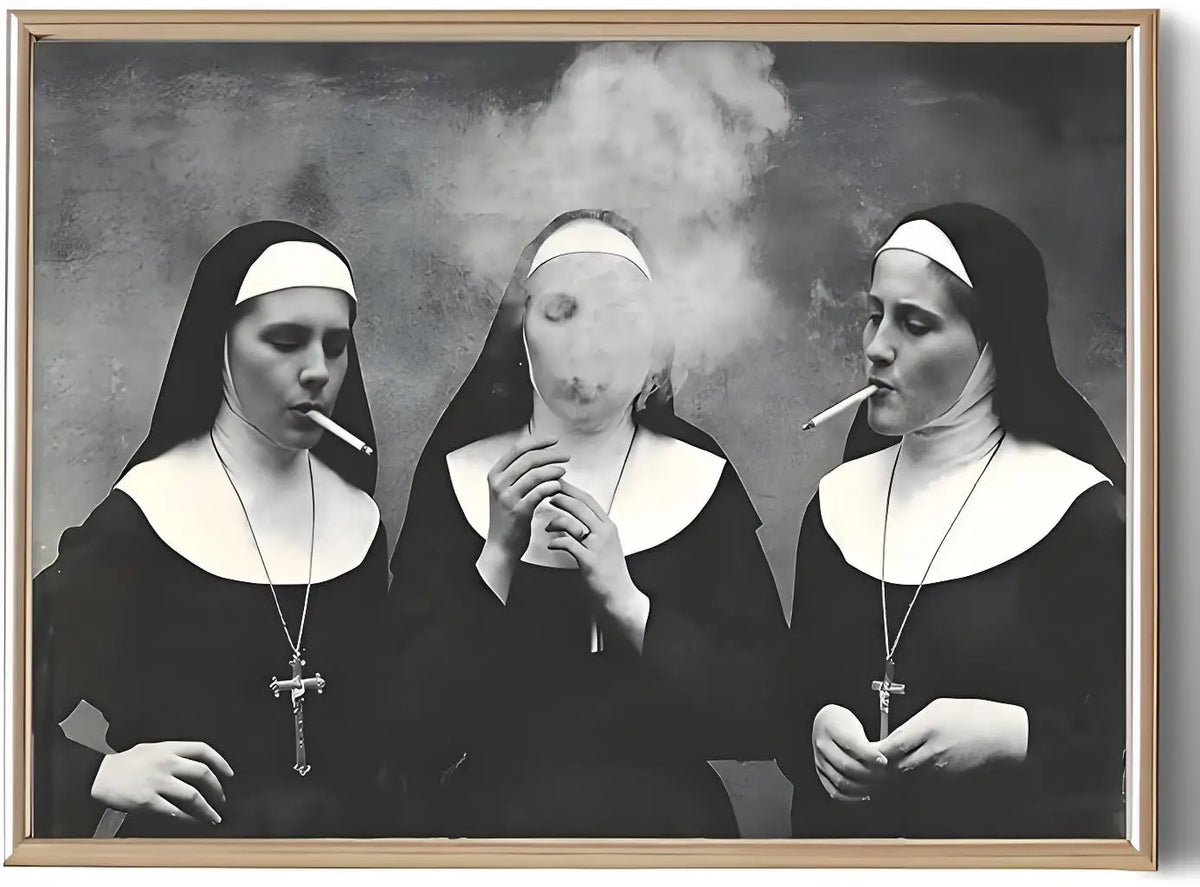 Black and white print of three nuns smoking against a dark background.