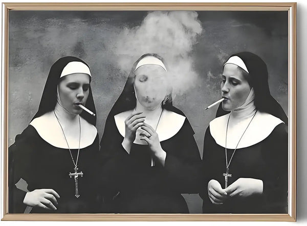 Black and white print of three nuns smoking against a dark background.