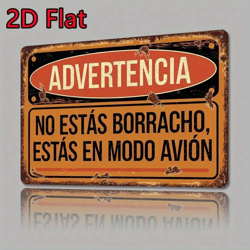 Vintage spanische Blechwanddekoration mit Warnschild in rot und gelb