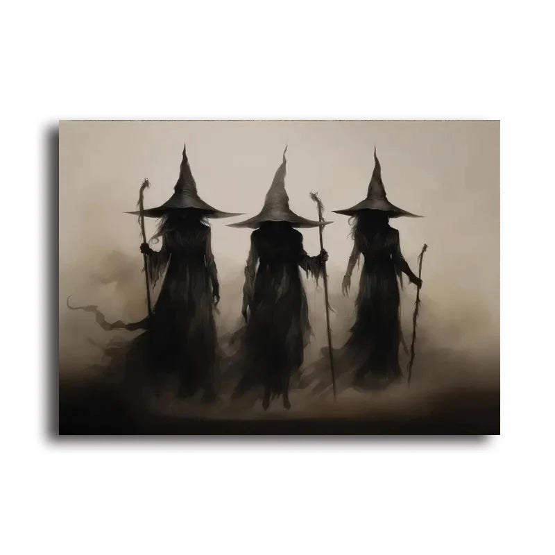 Dark gothic wall art canvas print featuring three shadowy witches silhouettes against a misty background