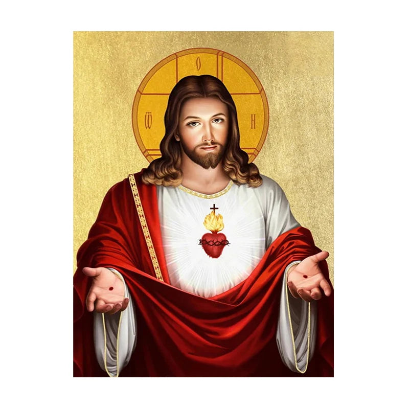 A painting of Jesus Christ with long brown hair and beard, wearing a red cloak and holding a Sacred Heart symbol.