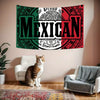 A decorative banner featuring the Mexican flag design in red, white, and green on a wall.