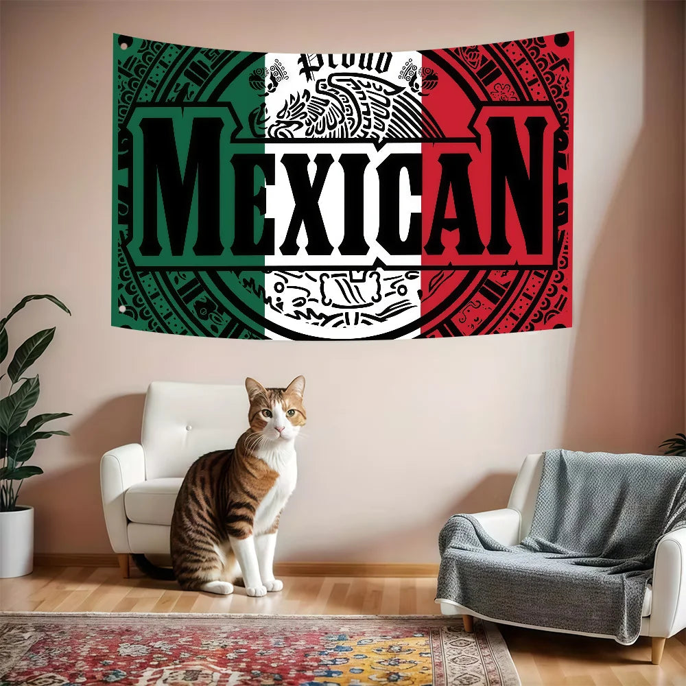 A decorative banner featuring the Mexican flag design in red, white, and green on a wall.