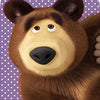 A close-up of a brown bear's face with large eyes and black nose against a purple polka dot background.