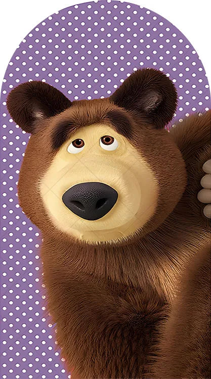 A close-up of a brown bear's face with large eyes and black nose against a purple polka dot background.