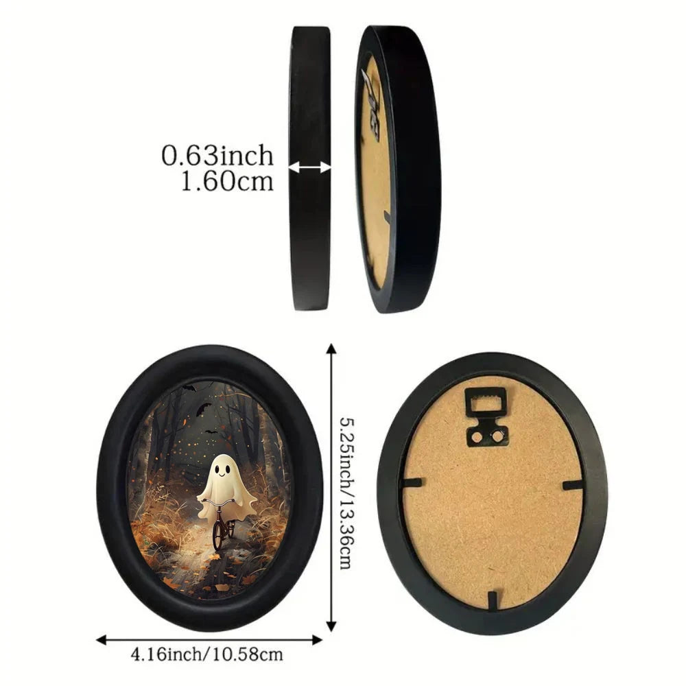 Black oval wooden wall art featuring a ghost forest scene with an eye cutout.