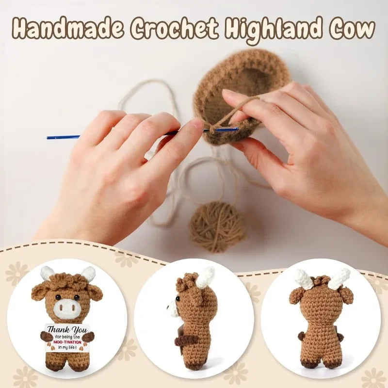 Hands crochet a Highland cow doll, showing the finished product and a thank you message card.