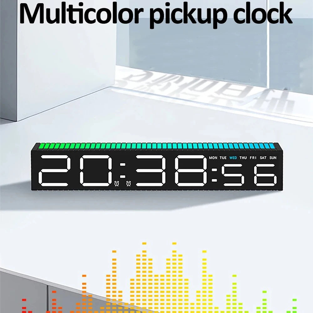 A multicolor pickup clock displaying the time 20:38:56 on a white surface.