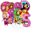 A set of pink and brown Masha and Bear themed party decorations including character cutouts and a large number five balloon.