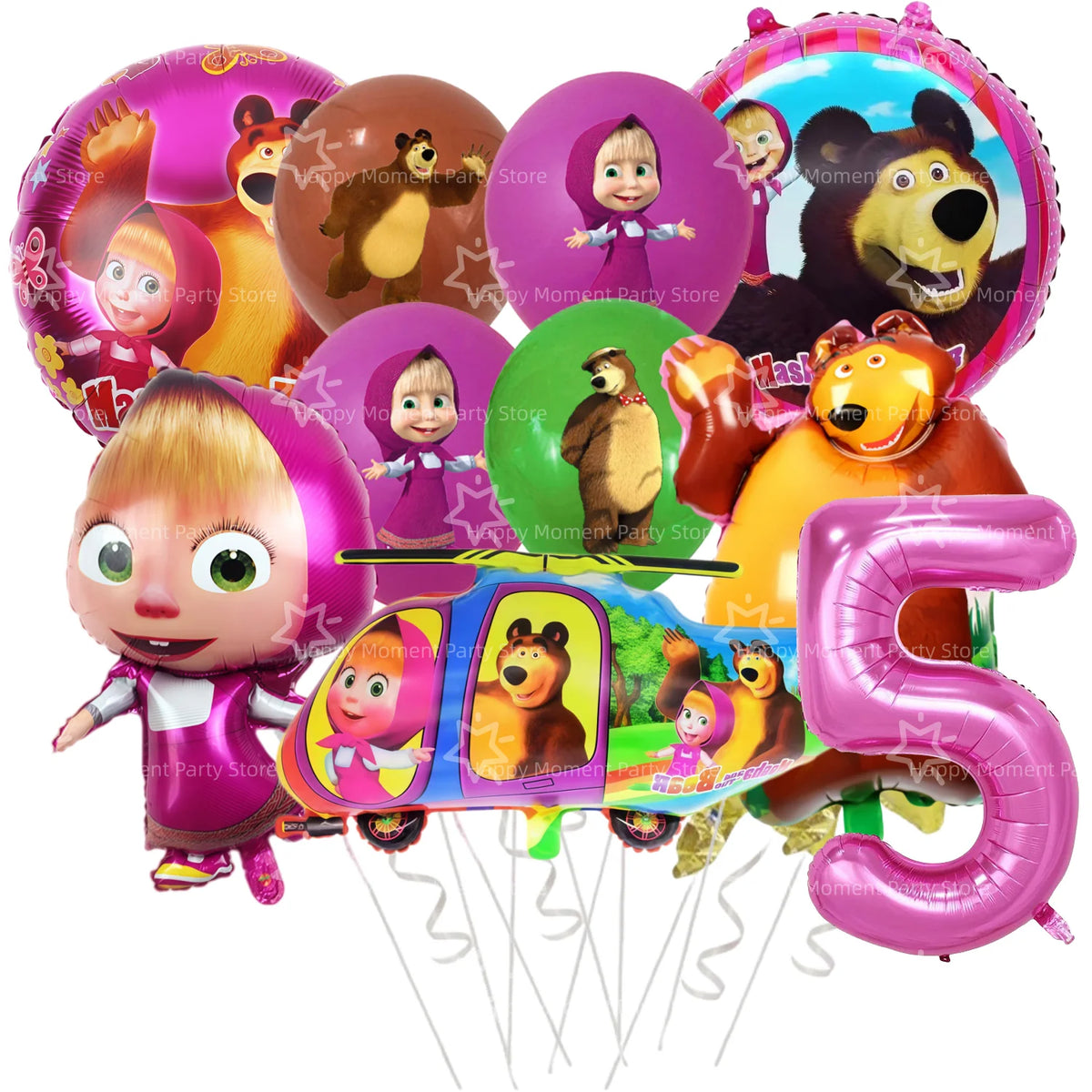 A set of pink and brown Masha and Bear themed party decorations including character cutouts and a large number five balloon.