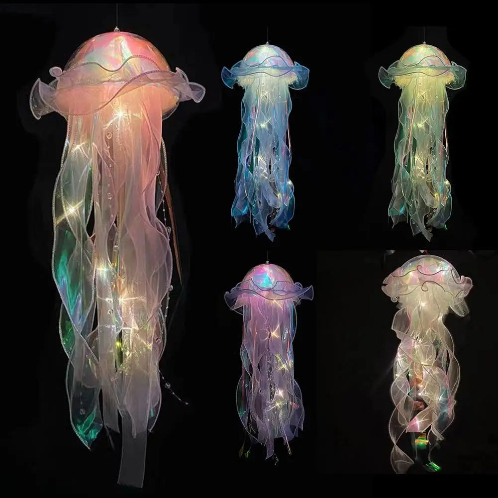 A collection of glowing jellyfish lanterns in various shades of pink, blue, and green suspended against a dark background.
