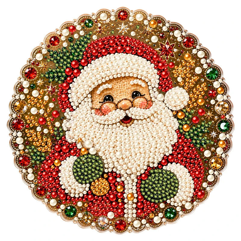 A detailed diamond painting depicting Santa Claus with a festive, sparkling background.