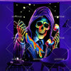 A dark tapestry featuring a glowing skull with vibrant purple and neon accents.