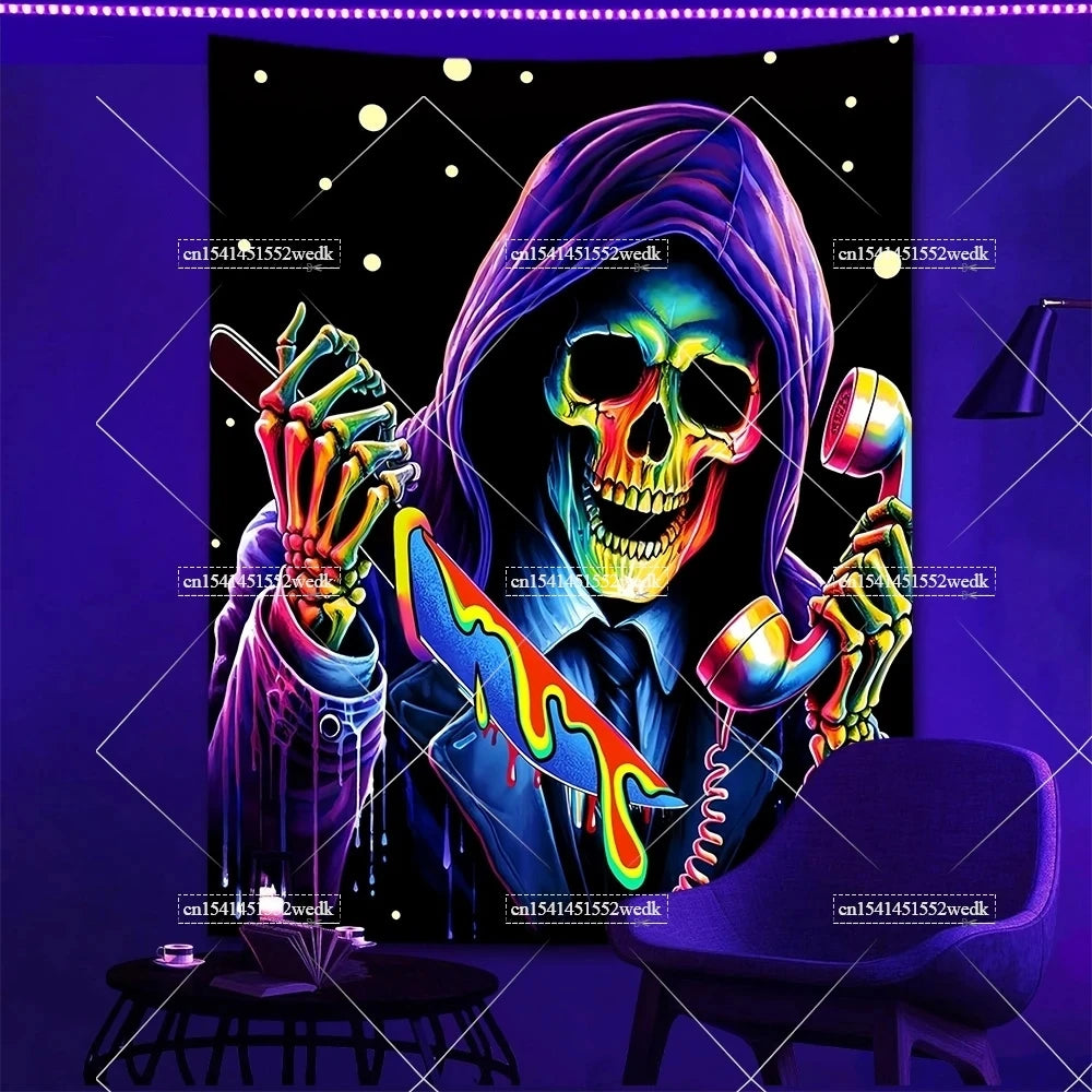 A dark tapestry featuring a glowing skull with vibrant purple and neon accents.