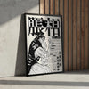 A framed black and white canvas print featuring Japanese text and an illustration of a character from Jujutsu Kaisen