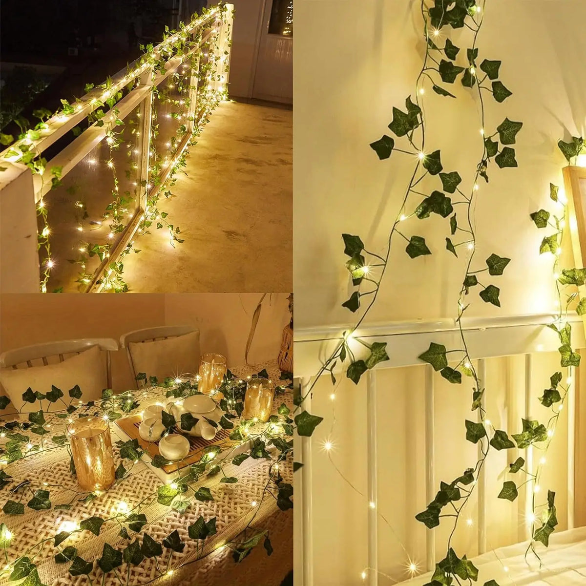 String lights with green ivy vines decorating a balcony railing and a table setting.