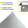 Close-up of a vintage metal tin sign showing pre-drilled holes and radius corners for easy mounting and hazard elimination.