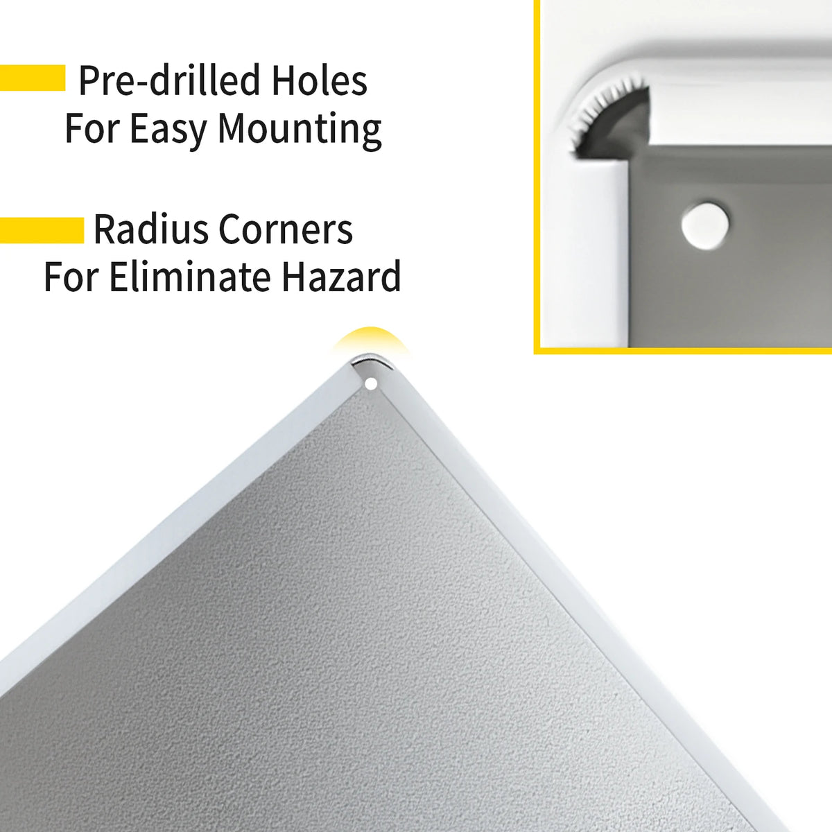 Close-up of a vintage metal tin sign showing pre-drilled holes and radius corners for easy mounting and hazard elimination.