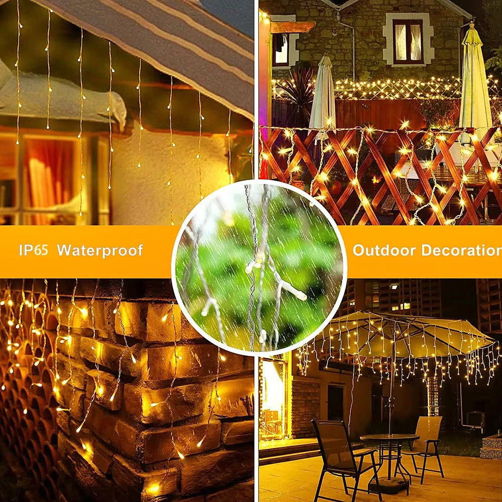 Outdoor decor featuring warm glowing string lights draped over a brick wall and a pergola.