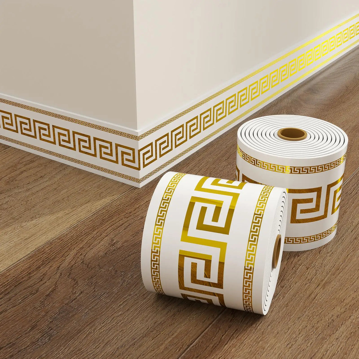 Roll of self-adhesive PVC skirting board trim featuring a gold Greek key pattern and waterproof finish