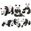 A set of realistic panda figurines showing different life cycle stages and poses.